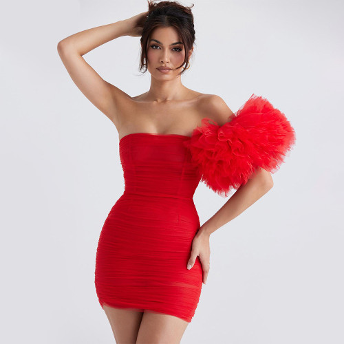 Women's Mesh Pleated Skirt Hip Wrap Dress Hot Girl Bubble Sleeves Red Blouse Dress