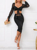 Fashion suit skirt sexy mesh splicing hollow top hip skirt suit two-piece set