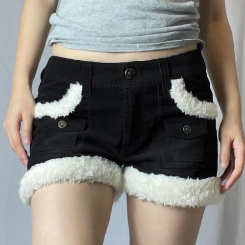 Corduroy plush pocket splicing stereoscopic shorts High waist lazy slim casual pants