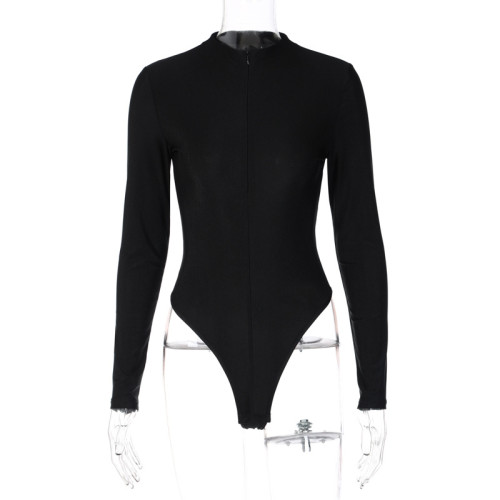 Fashionable sexy zipper slim fitting long sleeve bottoming jumpsuit