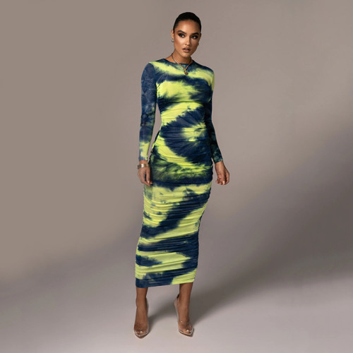 Printed Dress Fashion Casual Long Sleeve Round Neck Slim Style Versatile Long Dress