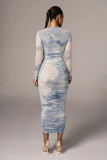 Printed Dress Fashion Casual Long Sleeve Round Neck Slim Style Versatile Long Dress