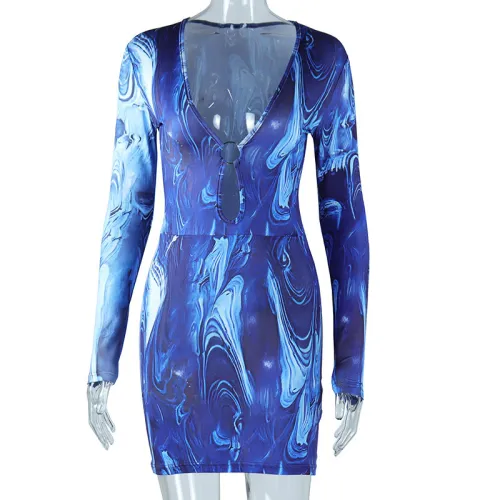 Intimate sexy dress Hollow out long sleeve hip wrap skirt Autumn and winter new fashion pullover print skirt