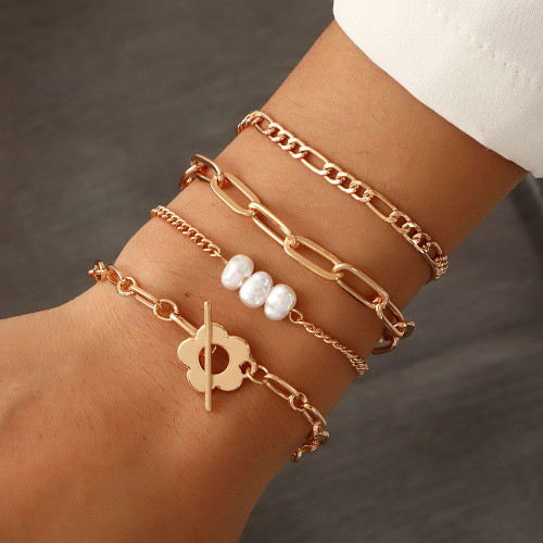 Fashion Geometric OT Buckle Metal Bracelet Female Creative Pearl Multi layer Flower Bracelet