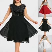 Oversize Dress Solid Chiffon Sequins Sleeveless Zipper Dress