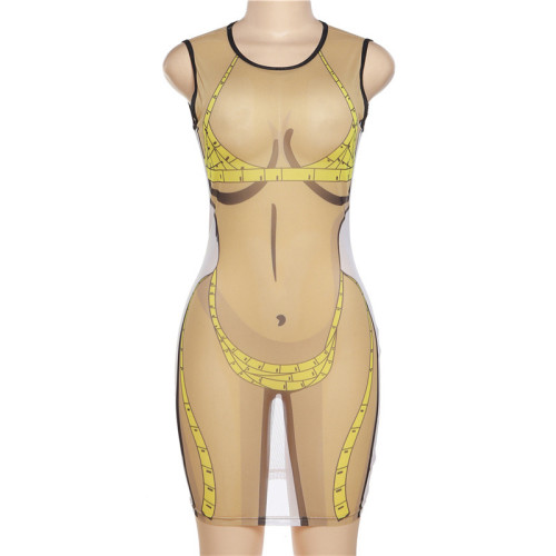 Fashionable 3D printing sexy mesh slim wrap dress