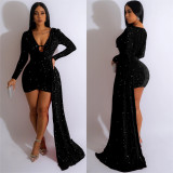 Fashion women's solid color beaded V-neck side cape long sleeve dress