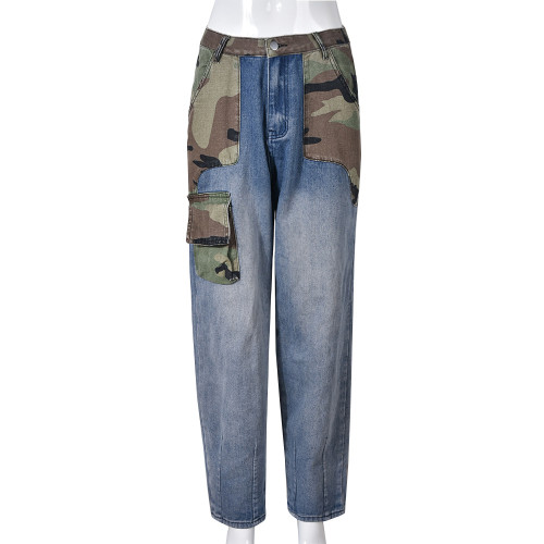 Trendy denim new camouflage contrast personalized patch pocket straight pants