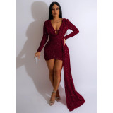 Fashion women's solid color beaded V-neck side cape long sleeve dress