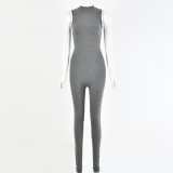 Solid stretch slim round neck sleeveless jumpsuit