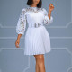 Temperament Solid Lace Hook Flower Hollow out Pleated Dress