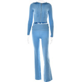 Knitted hooded suit sexy high waist long sleeved trousers two-piece set