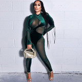 Tight mesh splicing long sleeve sexy perspective fashion hip lifting jumpsuit