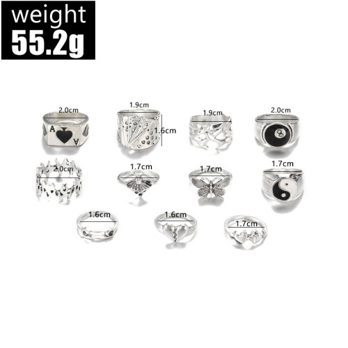 Fashion Bagua Poker Butterfly Broken Heart Mushroom Combination 11 piece Set Ring