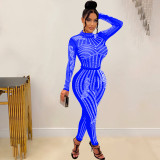 Fashion women's solid color mesh ironing long sleeved trousers jumpsuit