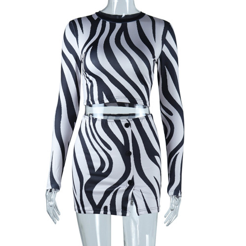 Zebra Fashion Print Open Navel Top Long Sleeve Half Dress Button Up Set