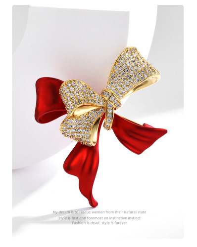 Light red oil dripping bow brooch micro inlaid with zircon exquisite simple brooch versatile pin