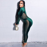 Tight mesh splicing long sleeve sexy perspective fashion hip lifting jumpsuit