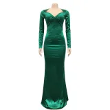 Fashion New Solid V-Neck Long Sleeve Backless Long Dress Dress