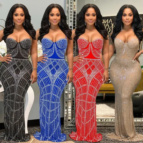 Fashion women's solid color hot drill mesh sleeveless shoulder strap long dress dress