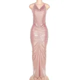 Fashionable halter backless sexy hot girl pleated slim dress