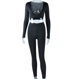 Skinny Fashion Solid Color Open Chest and Umbilical Long Sleeve Top Pants Sportsuit