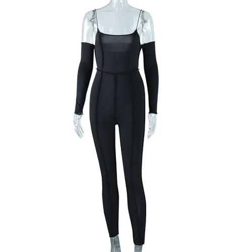 Tight sexy strapless long sleeve irregular line design fashionable sports jumpsuit