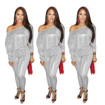 Off Shoulder Long Sleeve Dress Set Two Piece Sequins