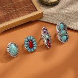 Raw mineral turquoise ring fashionable colorful gemstone 4pc combination joint ring