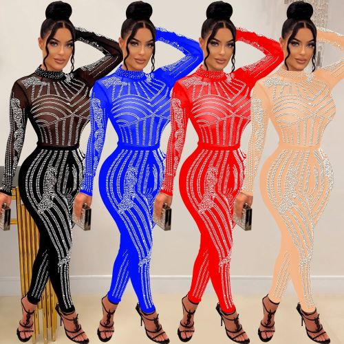 Fashion women's solid color mesh ironing long sleeved trousers jumpsuit