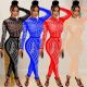 Fashion women's solid color mesh ironing long sleeved trousers jumpsuit