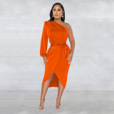 Fashion women's solid color single long sleeved diagonal long skirt dress