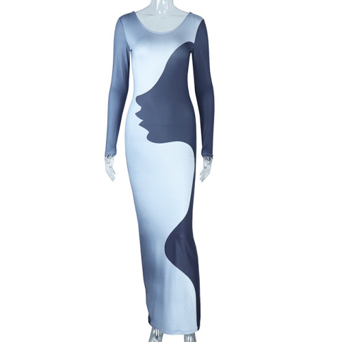 Irregular digital printing long sleeve hip wrap style dress