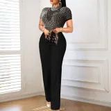 Round neck short sleeve beaded jumpsuit casual style high waist slim party dress