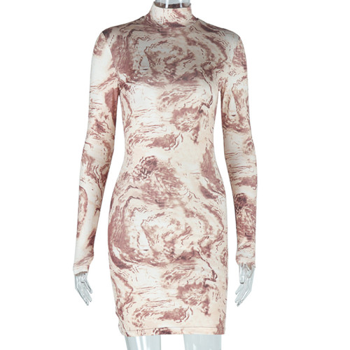 Stand Collar Digital Printing Skirt Long Sleeve Hip Wrap Dress Autumn and Winter Cross border Women's Wear New