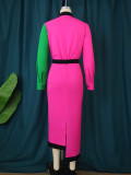 Color blocking long sleeved one-piece dress with small number of color contrast and asymmetric personality