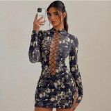 Stand up collar strap cut out top printed mini skirt fashionable dress