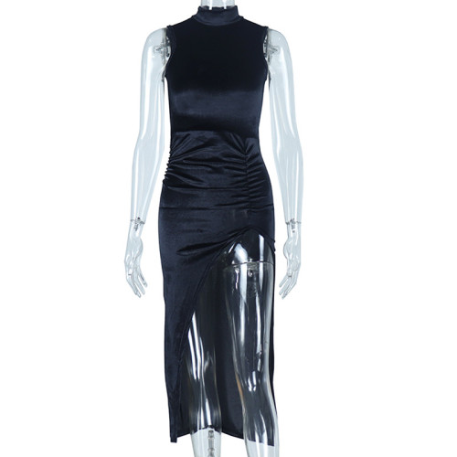 Pullover High Neck Sleeveless Solid Split Mid length Dress