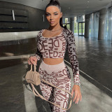 Letter printed round neck long sleeve top high waist hip lifting leggings fashion suit
