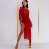 Clean color mesh long sleeve high waist side opening sexy perspective dress