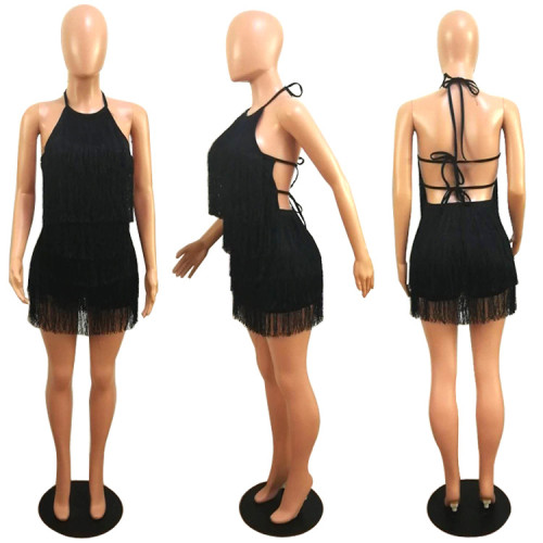 Women's backless strap loose tassel wavy suspender dress