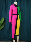 Color blocking long sleeved one-piece dress with small number of color contrast and asymmetric personality