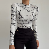 Abstract Print Long Sleeve Round Neck Street Personality Versatile Top