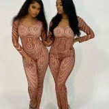 Women's long sleeve round neck irregular printing casual fashion sports jumpsuit