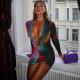 Metal Hollow out Digital Printing V-Neck Long Sleeve Hip Wrap Dress