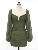 Dress temperament green V-neck mesh skirt French high waist skirt