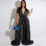 Sexy V-neck short sleeve banded pleated wide leg jumpsuit