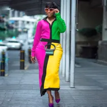 Color blocking long sleeved one-piece dress with small number of color contrast and asymmetric personality