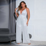 Large Women's Sleeveless Backless Solid Sequins Slim Fit Fashion Slim Jumpsuit