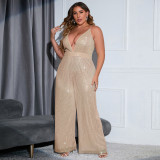 Large Women's Sleeveless Backless Solid Sequins Slim Fit Fashion Slim Jumpsuit